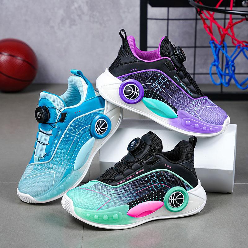 Children's basketball shoes 2025 summer new breathable boys' actual combat sneakers medium and older children's rotating buckle sneakers