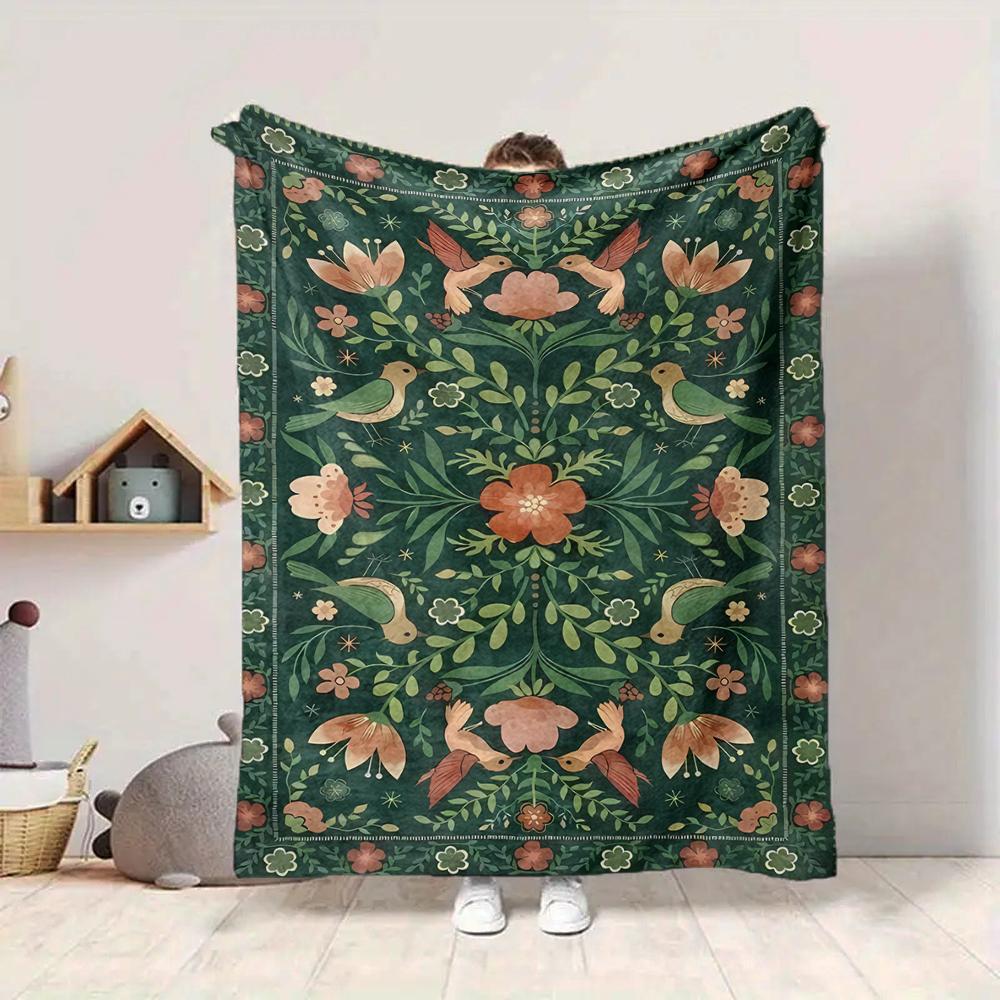 1Pc Birds Flowers Tapestry Blanket Soft And Comfortable Casual Warm Camping Travel Christmas Halloween Xmas Gift M928720