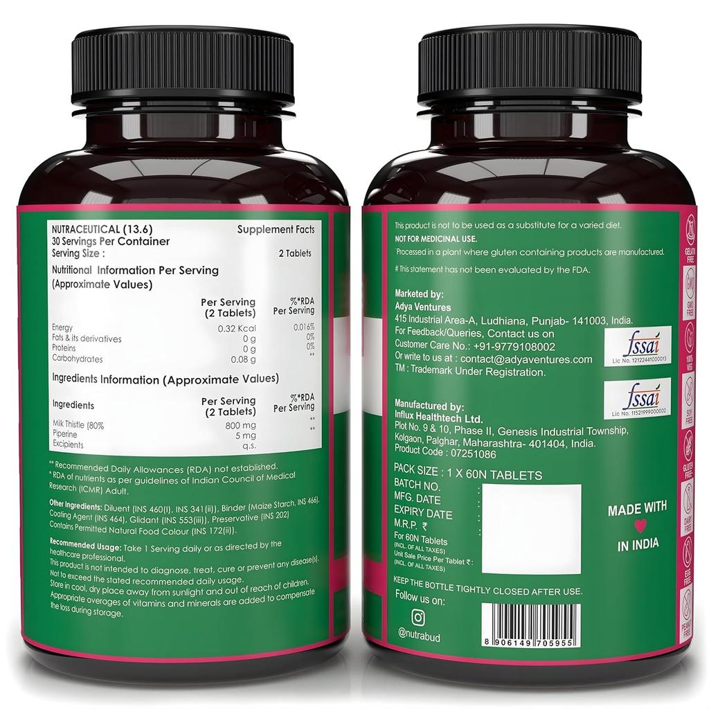 Nutrabud Таблетки для поддержки печени с расторопшей 800 мг Силимарин 60 штук Бутылка 150 г Натуральное средство для детокса Ежедневное здоровье