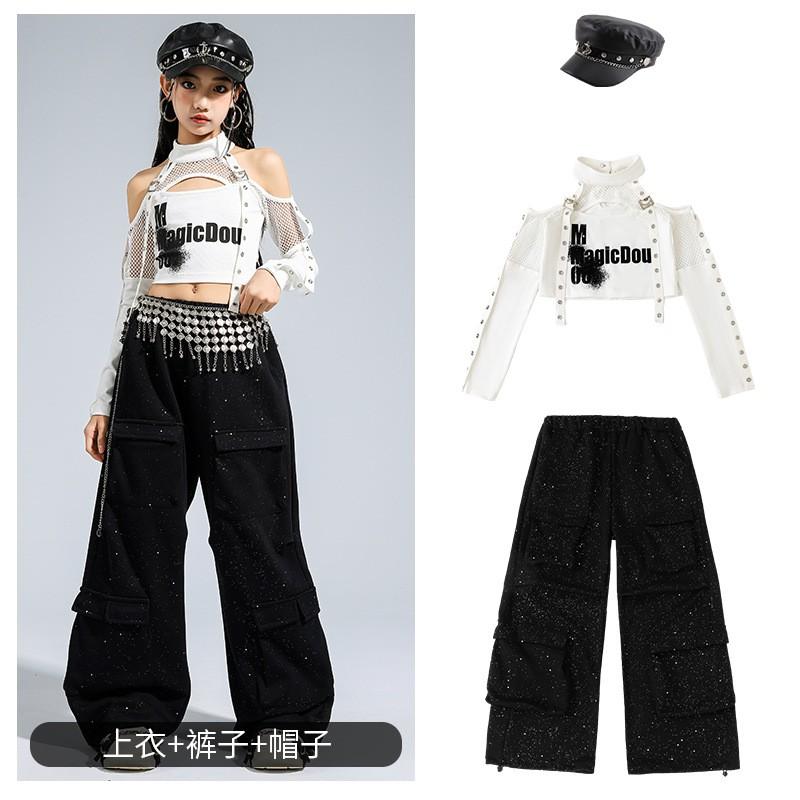 Girls Jazz Dance Outfit Hip Hop Crop Top Pants Set Kids Stage Performance Costume Fashionable Streetwear