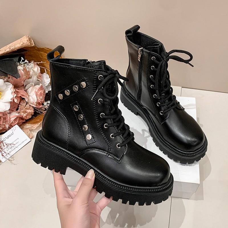 Модные женские ботильоны в британском стиле на толстой подошве, осенне-зимние, новые, черные, на массивном каблуке, в стиле панк, на шнуровке, из искусственной кожи, мотоциклетные боты