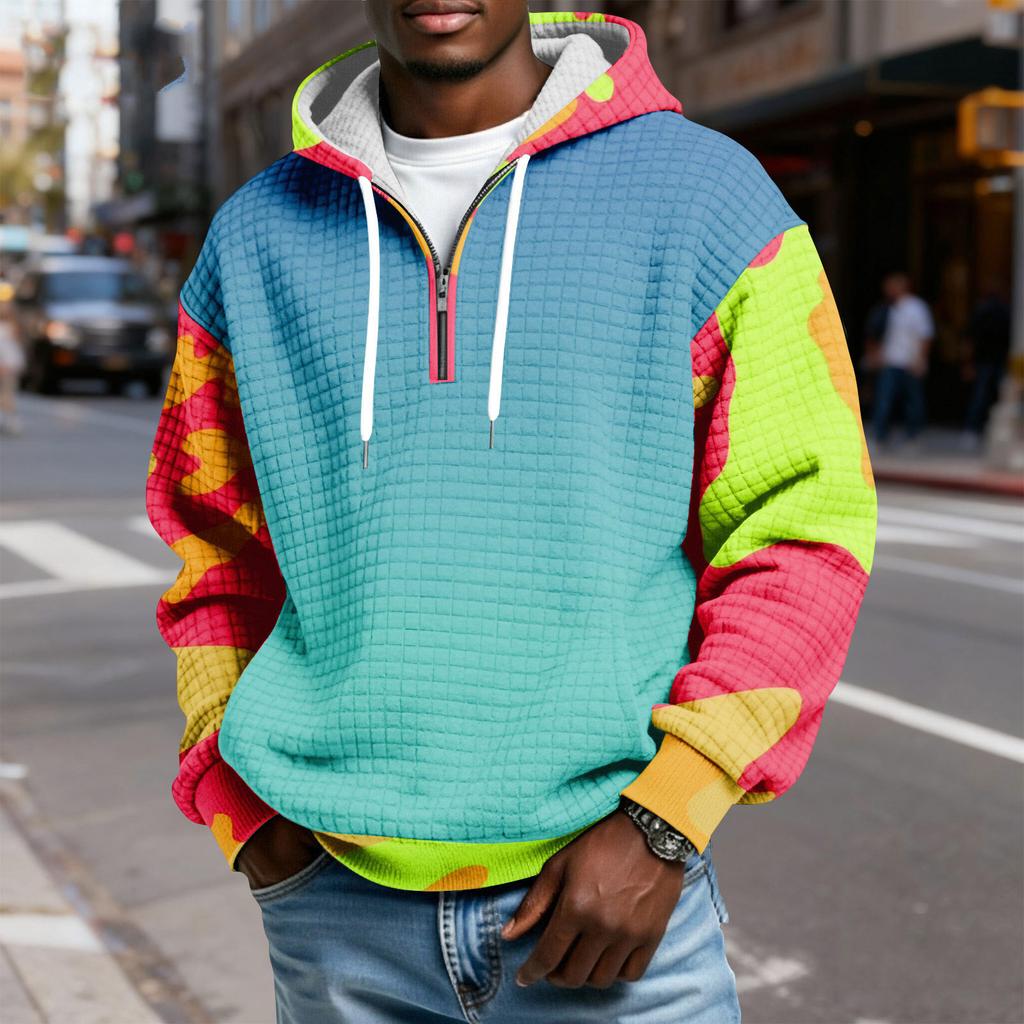 Мужской худи-пуловер в клетку с капюшоном на молнии до середины, со шнурком и принтом, повседневная спортивная толстовка