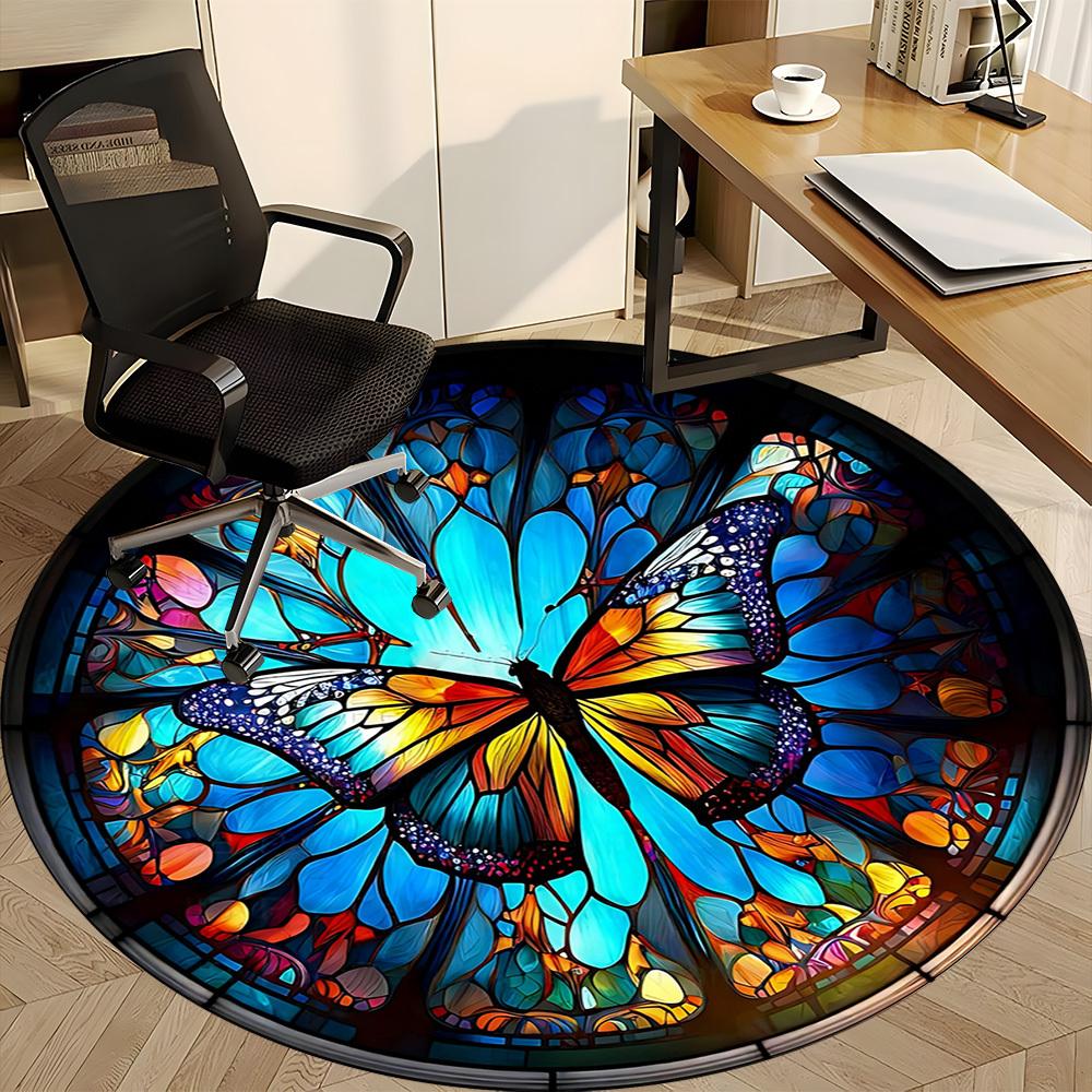 1PC Butterfly StainedGlass Office Round Area Rug, Mat Suitable ForOffice, Under Office Chairs Bedroom Living Room Home Decor, Room Deco