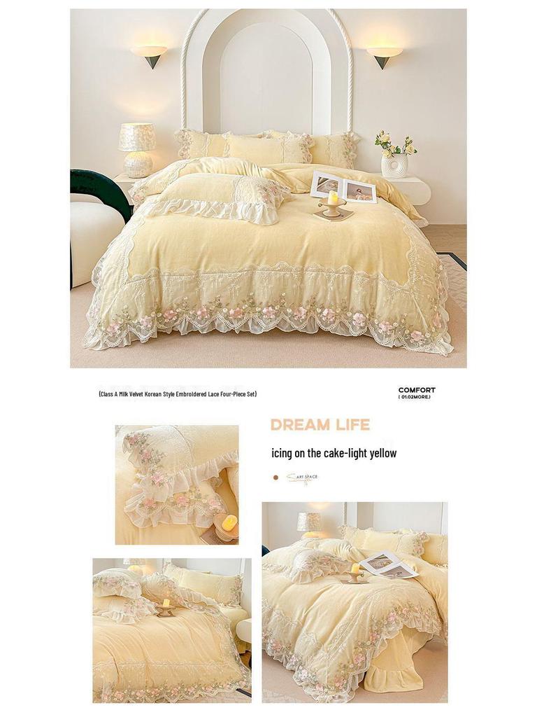 Корейский принцессный комплект из 4 предметов из молочного бархата с кружевной отделкой: Антистатичные простыни и пододеяльник из кораллового флиса