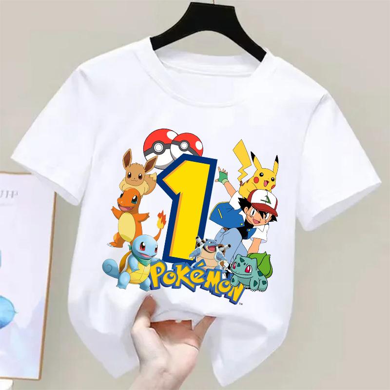 Pokemons Pikachu Kids T Shirts Birthday Number 19 Printed T Shirt Boys Girls Summer Casual Short Sleeves Tops Children Clothing