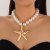 Exaggerated Starfish Pendant Necklace for Women Imitation Pearl Clavicle Chain Jewelry Accessories