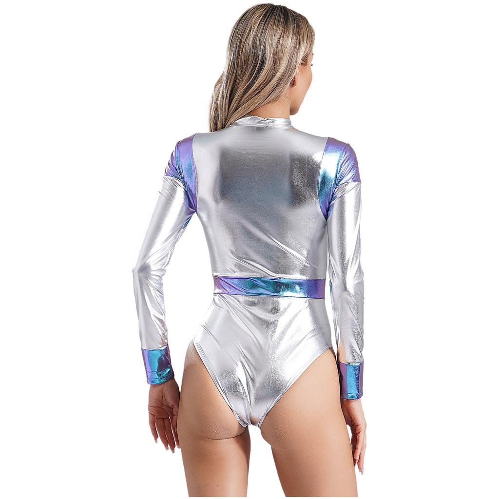 Женский боди космонавта, боди с длинным рукавом и воротником-стойкой, облегающий леотард, металлический блестящий контрастный комбинезон