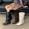 Spring and Autumn Pointed Buckle Pleated Piled Boots Punk Style Knight Boots Middle Heel Fried Street Babes High Tube Pants Boots