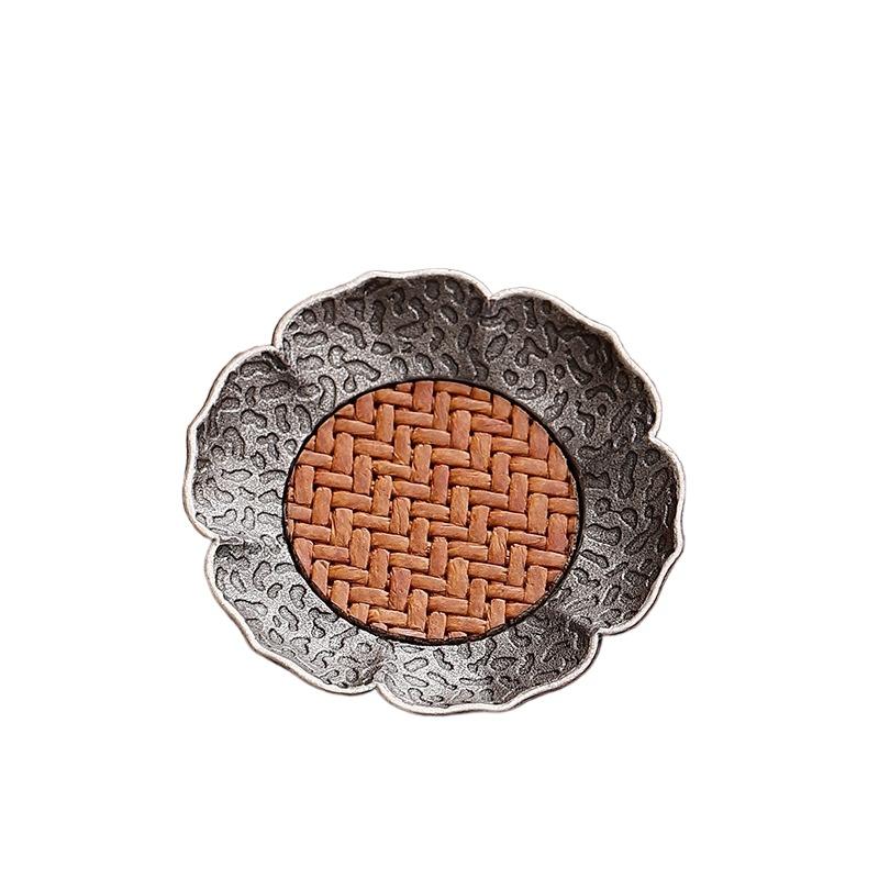 Антикварная подставка для чайной чашки из серебряного сплава, бамбуковая циновка, термоизолированная чайная чашка, подставка для чашки, чайное блюдце, аксессуары для чайного набора кунг-фу