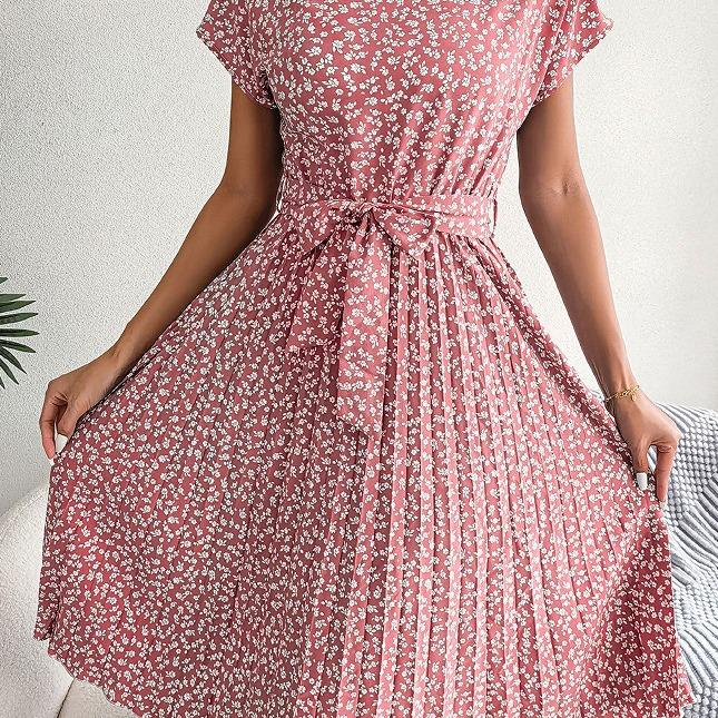 2025 Цветочная плиссированная юбка с коротким рукавом - Весна/Лето Европейский и американский стиль