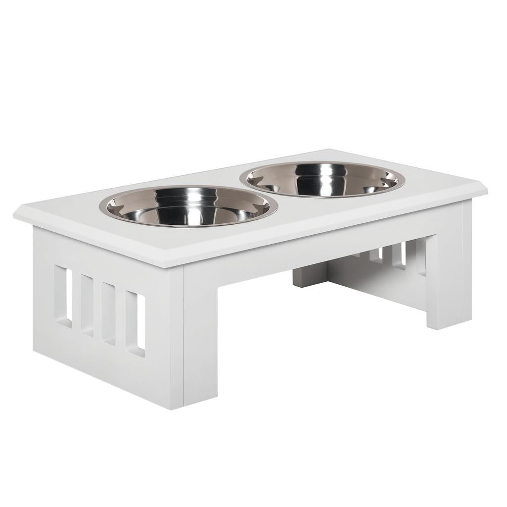 Raised Dog Feeding Bowls With Stand Stainless Steel For Medium Dog 58L X 31W X 25H Cm White