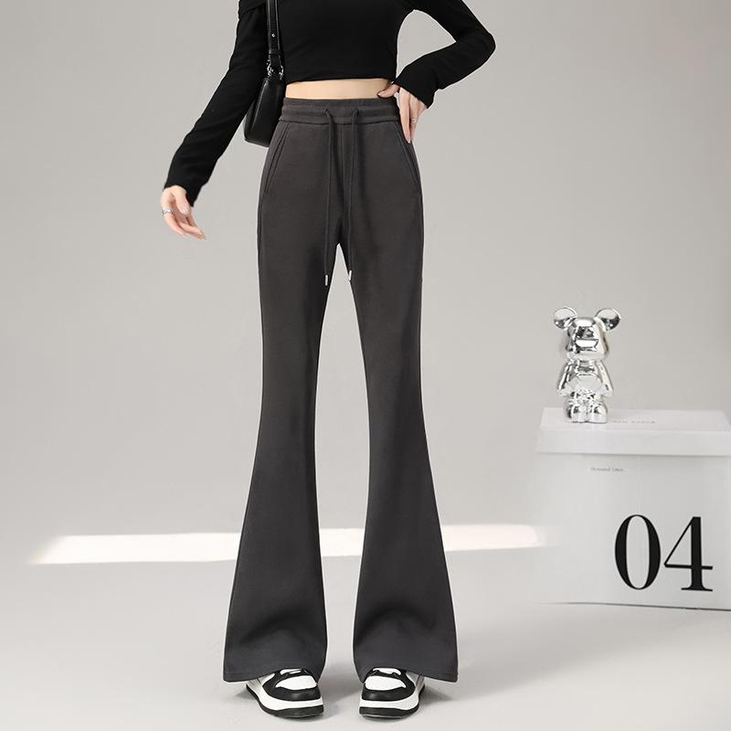 Весна Осень Новые Модные Расклешенные Брюки для Женщин Высокая Талия Slim Fit Однотонные Повседневные Спортивные Штаны