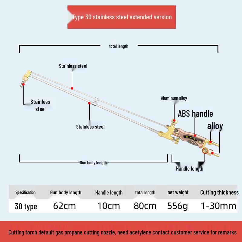 All-Copper Stainless Steel Extended & Thickened Oxygen Acetylene Cutting/Welding Torch Injector, Model G01-30/100/300.