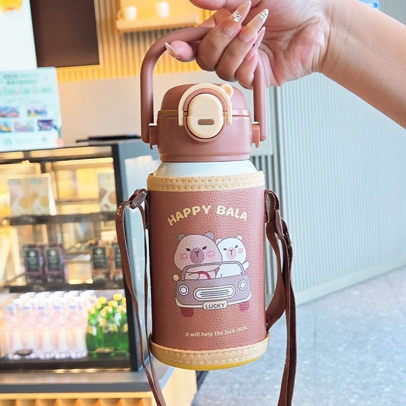 New cute double drink thermos cup children's handle pot large capacity anti-drop and leak-proof