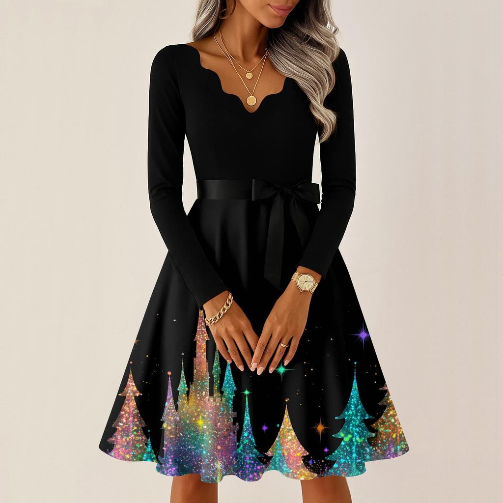 Women's Casual Fashion V-neck Long Sleeved Retro Christmas Print Retro Dress