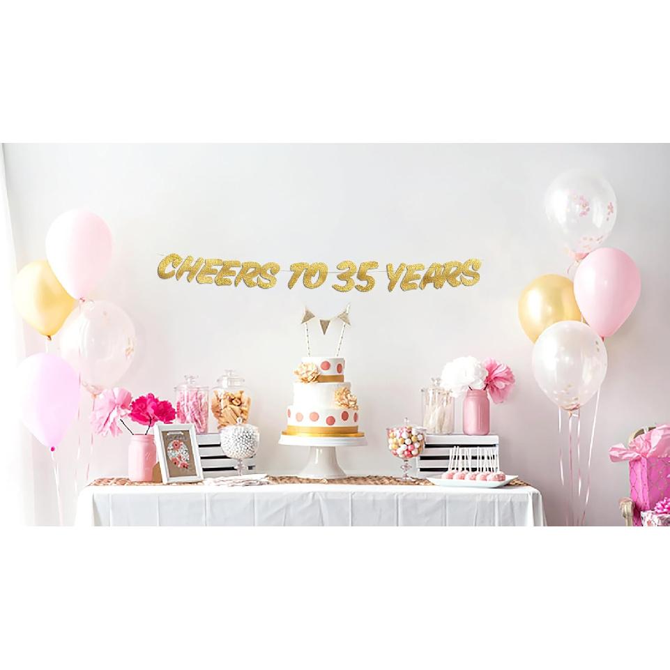 Cheers to 35 Years Gold Glitter Banner - 35th Birthday and Anniversary Party Decorations