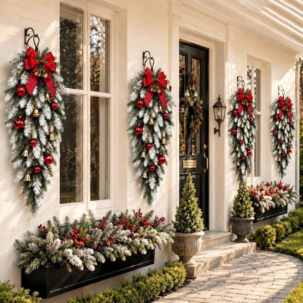 with Red Ball and Bow Christmas Teardrop Wreath Bell Wall Hanging Decor