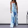 Women Vacation Dress Printed Patchwork Low-cut Neck Backless Full Sleeveless A-line Square Length Beach Maxi Dress Strappy Dress