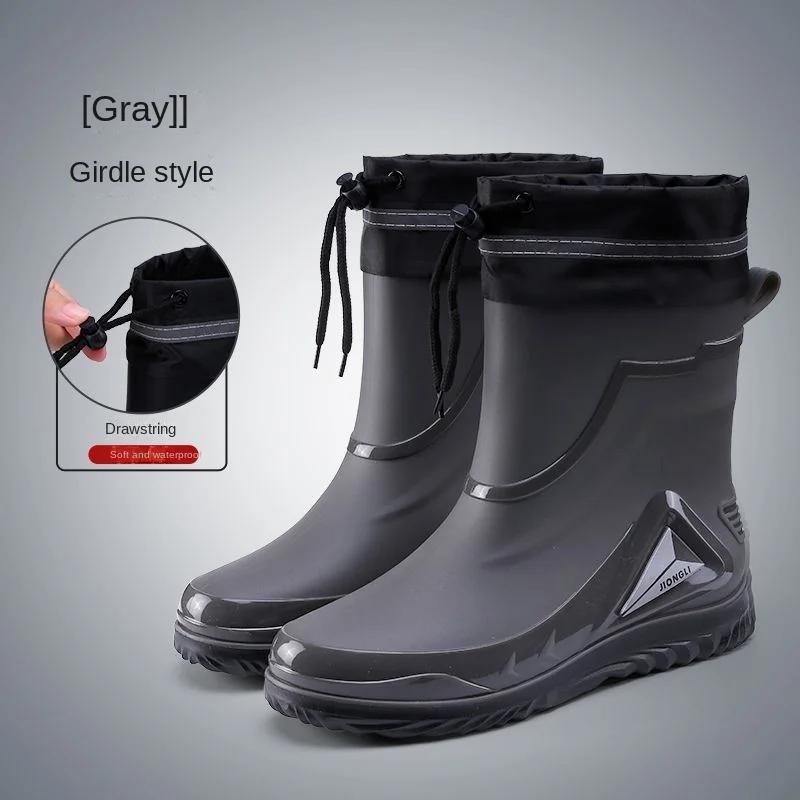 Fashion Rain Shoes Men's Short Anti Slip Mid Tube Rain Boots Short Water Shoes with Velvet Work Shoes