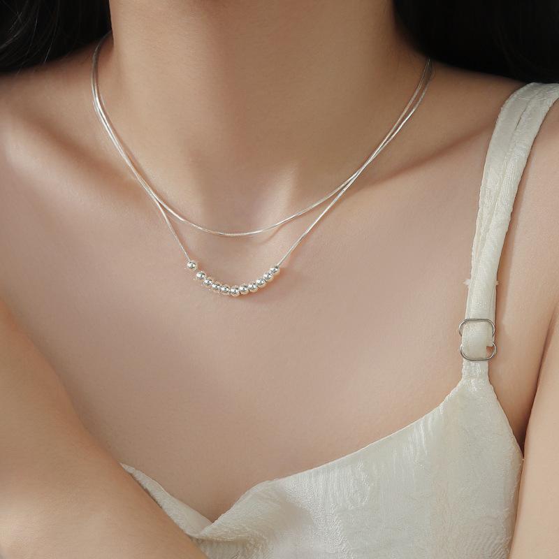 Minimalist Double Layer Snake Bone Round Bead Silver Clavicle Necklace For Women Light Luxury Niche High End Design