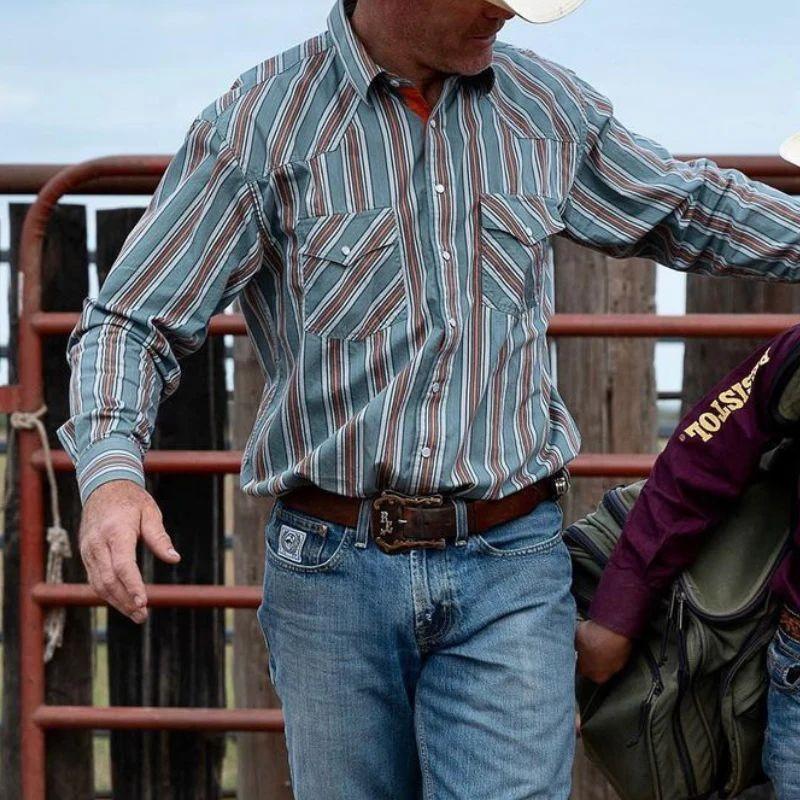 Men's Retro Western Striped Shirt Casual Short Sleeve Button-Up Cowboy Style Shirt