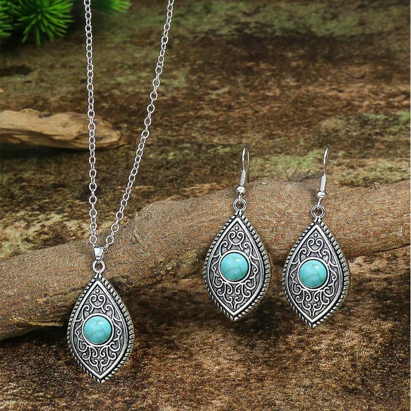 GemChic Женское новое винтажное ожерелье с подвеской из бирюзового сплава, комплект из двух предметов, классический подарок на день рождения, Рождество