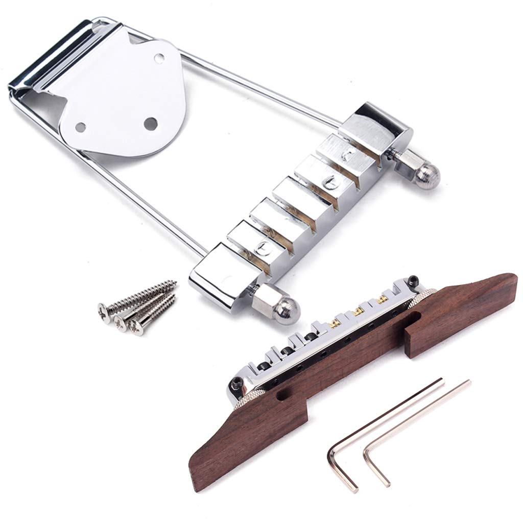 Ogdni Guitar Trapeze Tailpiece Bridge and Saddle Replacement for Jazz Archtop Guitars 6-String Roller, Tune-O-Matic Bridge, (Chrome)
