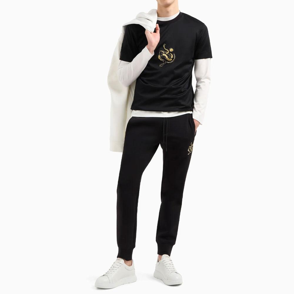 Emporio Armani SS25 Год Змеи Ограниченная серия Вышивка змеи Облегающая футболка с коротким рукавом с круглым вырезом Мужская одежда Черный EM001702-AF10017-UC001