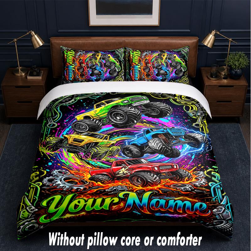 Monster Truck Theme Custom Text Or Name 3Pcs Bedding Set,1 Flat Sheet & 2 Pillowcases Personalized Home Bedding