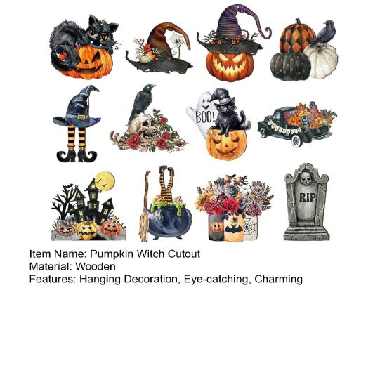Halloween Wood Ornament for Tree Vintage Hanging Decoration Pumpkin Witch Black Cat Wooden Cutouts for Halloween Home Party Decor