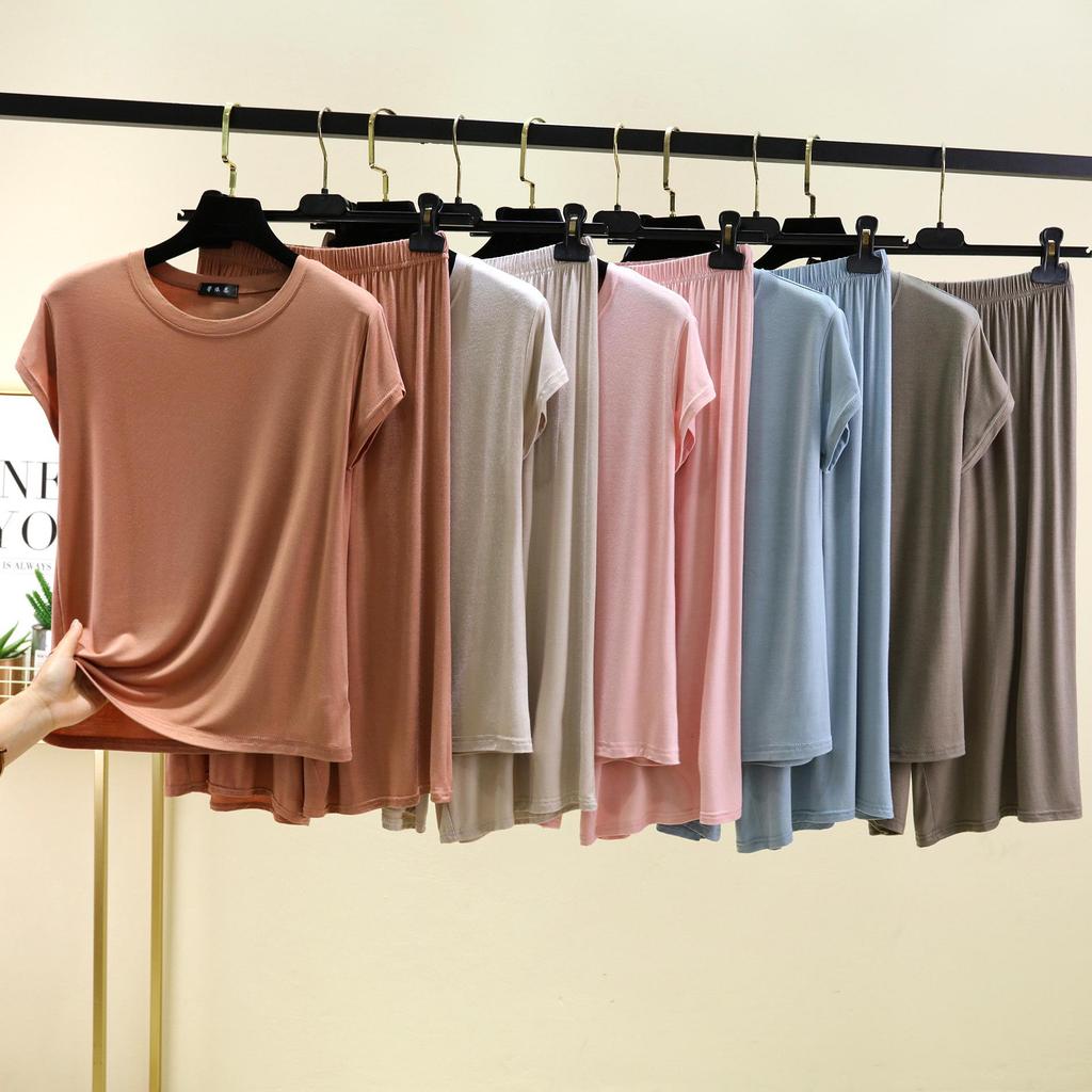 Женский повседневный комплект больших размеров из модала с коротким рукавом - Корейский стиль, брюки с широкими штанинами, двухпредметная домашняя одежда