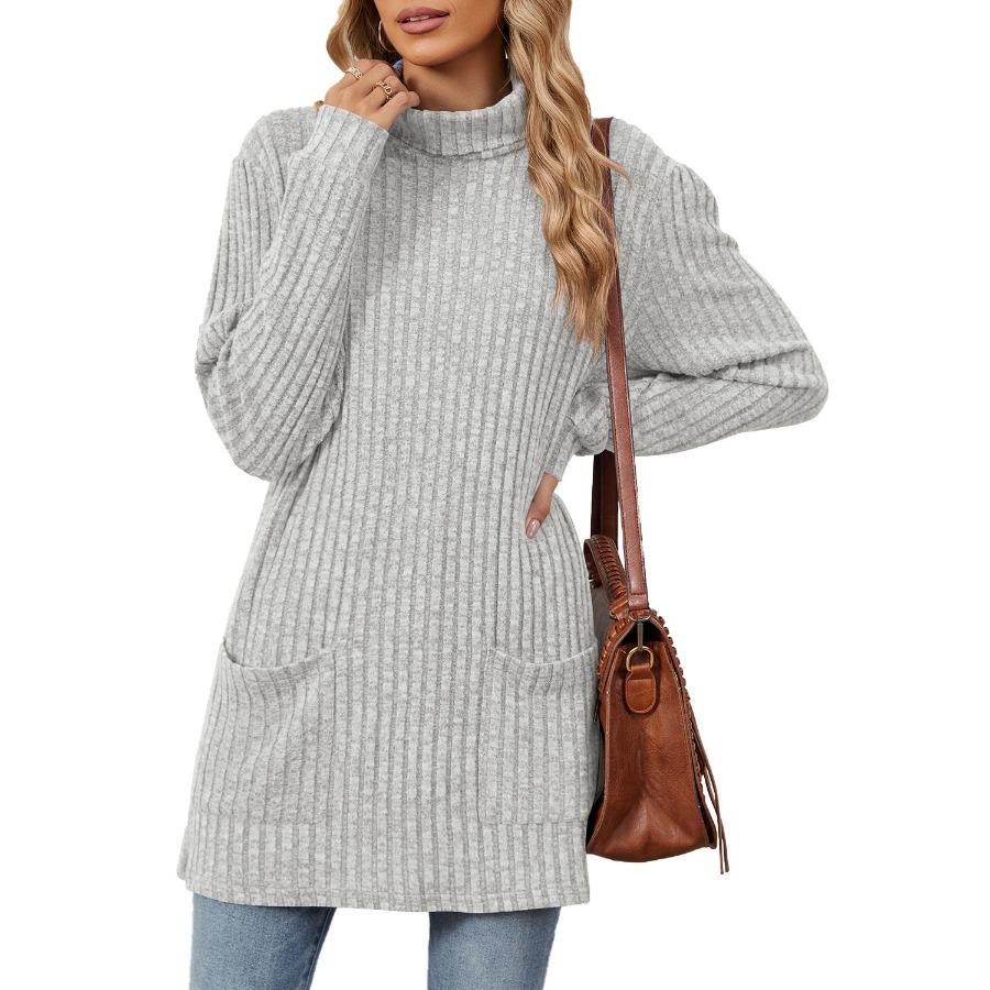 Autumn Winter Mid-Length Pullover Long Sleeves Thick Warm Knitwear Hoodie Casual Solid Color Half High Collar Loose Pocket Sweatshirt