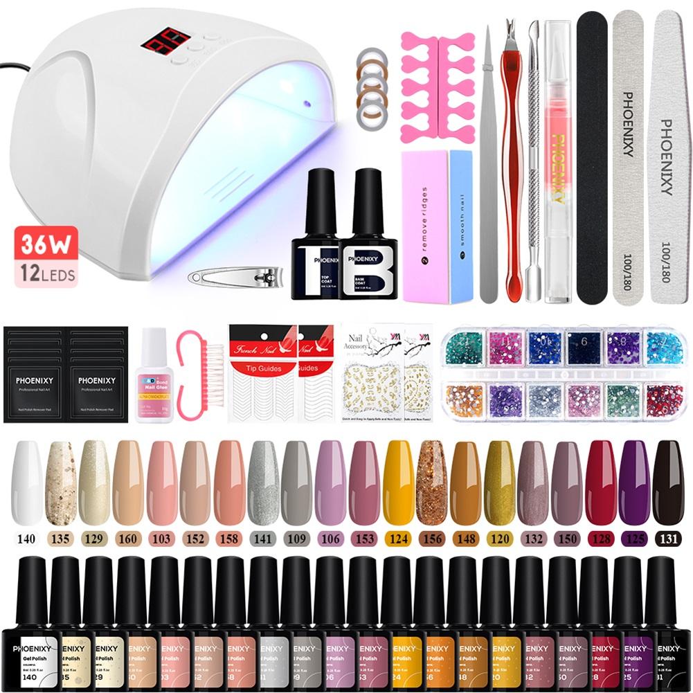 Набор гелевых ногтей PHOENIXY, 20 шт., гель для замачивания ногтей с УФ-светодиодной лампой для ногтей 36 Вт, набор инструментов для дизайна ногтей, набор инструментов для дизайна ногтей