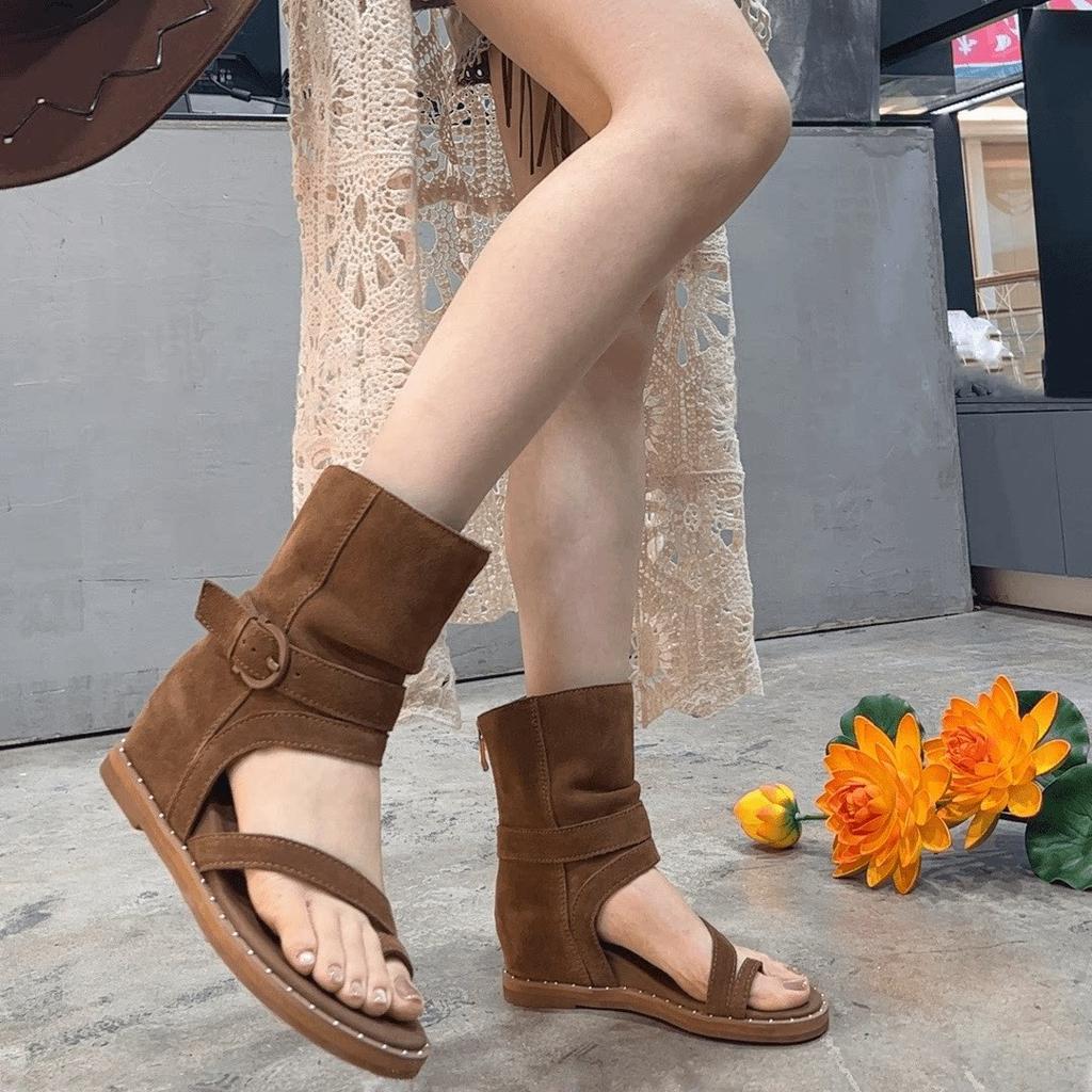 Bohemian new summer toe leather high-top Roman sandals women's inner toe heightening short cool boots