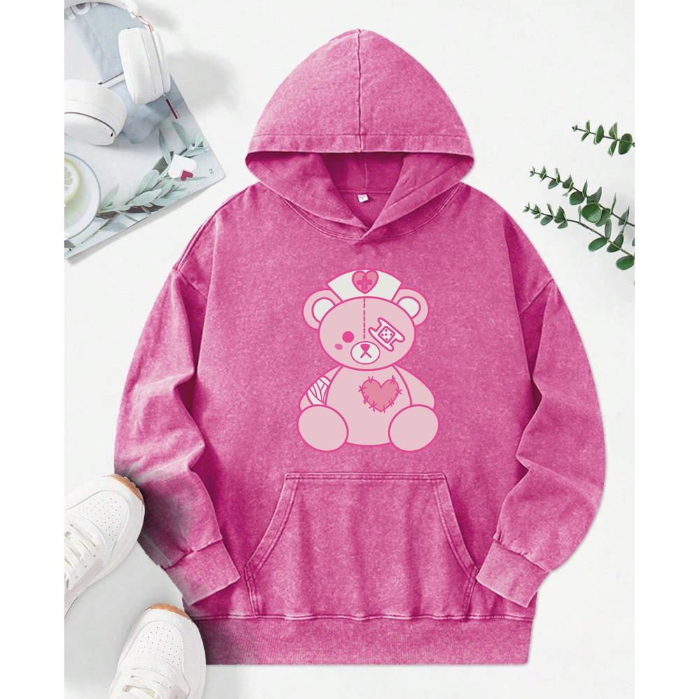 Broken Bear Creative Print Women Snow Wash Hoodie Autumn Loose Hoody Casual Soft Pullovers Vintage Cotton