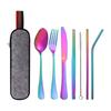 Stainless Steel Tableware Set Straw Knife Fork Spoon Chopsticks Seven-piece Set Outdoor Camping Travel Portable Tableware