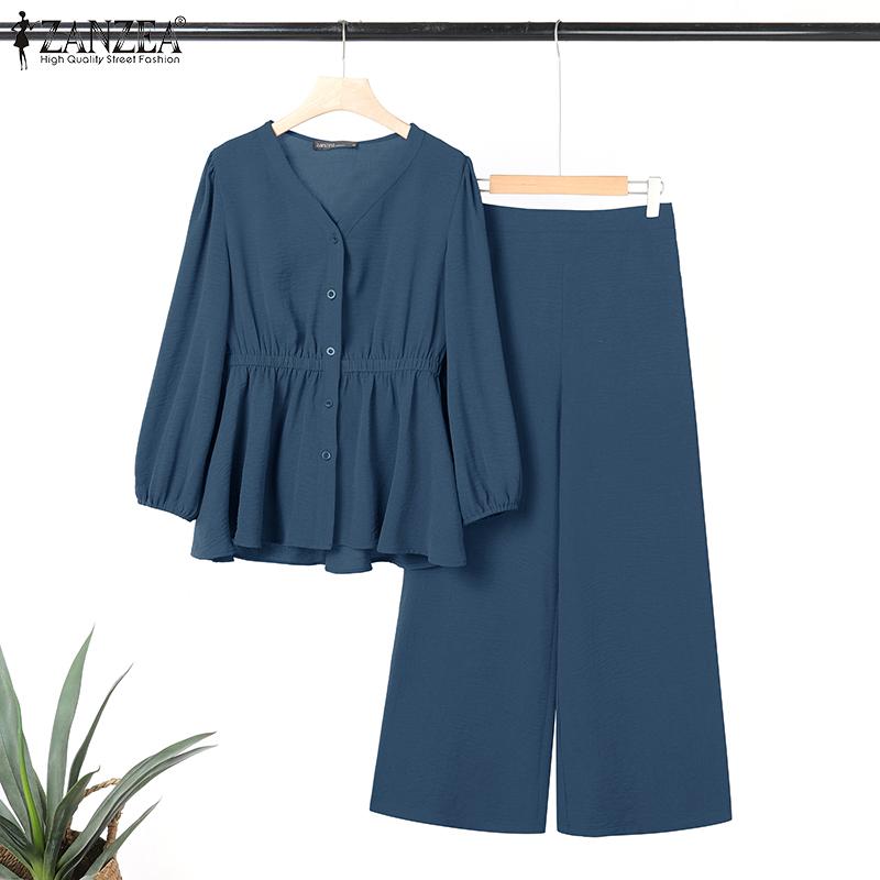 ZANZEA Женский повседневный костюм из двух частей с длинным рукавом и брюками