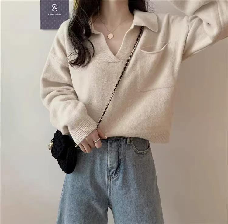 Women's Retro V-Neck Knitted Pullover Sweater - Soft Wool, Loose Fit, Autumn Style Jacket