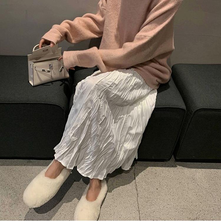 Женская полуюбка Необычная плиссированная юбка Юбка-трапеция с высокой талией Плиссированная полуюбка в длинной части, тонкая, больших размеров