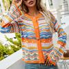 Women Knitting Cardigan Round Neck Flared Long Sleeve Single Breasted Sweater Coat Autumn Winter Rainbow Striped Sweater