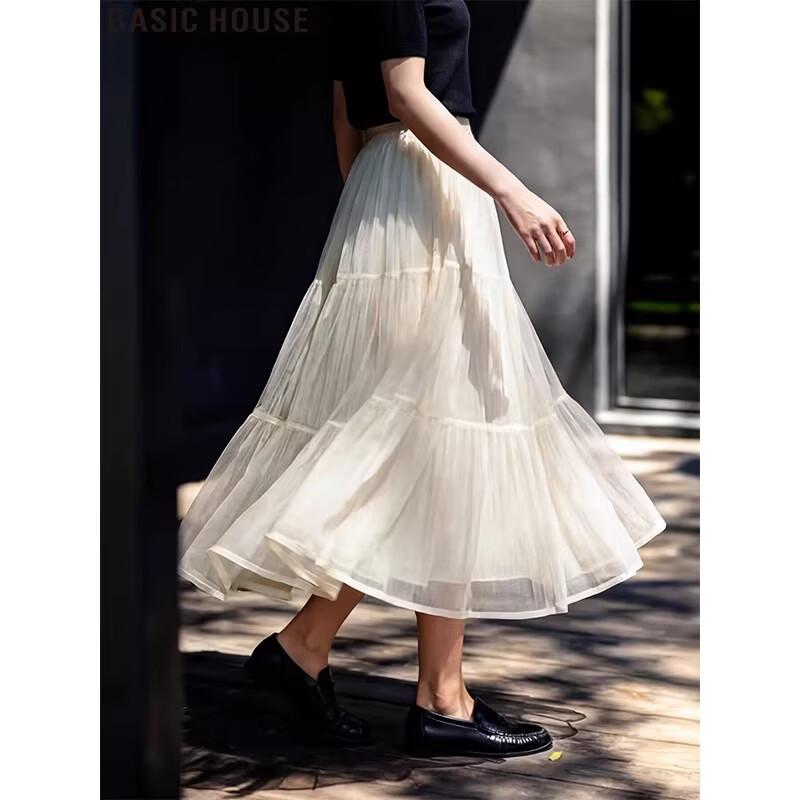 Basic House French A-Line Mesh Midi Skirt