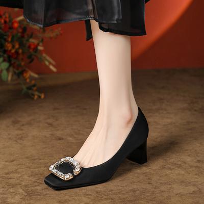 Женские одинарные туфли с мягкой подошвой и квадратной пряжкой, черные, с квадратным носком, на толстом каблуке, из овчины, для работы, с мелким вырезом, на высоком каблуке