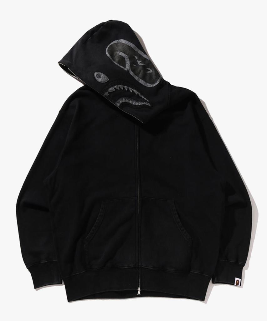 Bape Худи с полной молнией, свободного кроя, с принтом акулы, окрашенное в готовом виде (M) черный