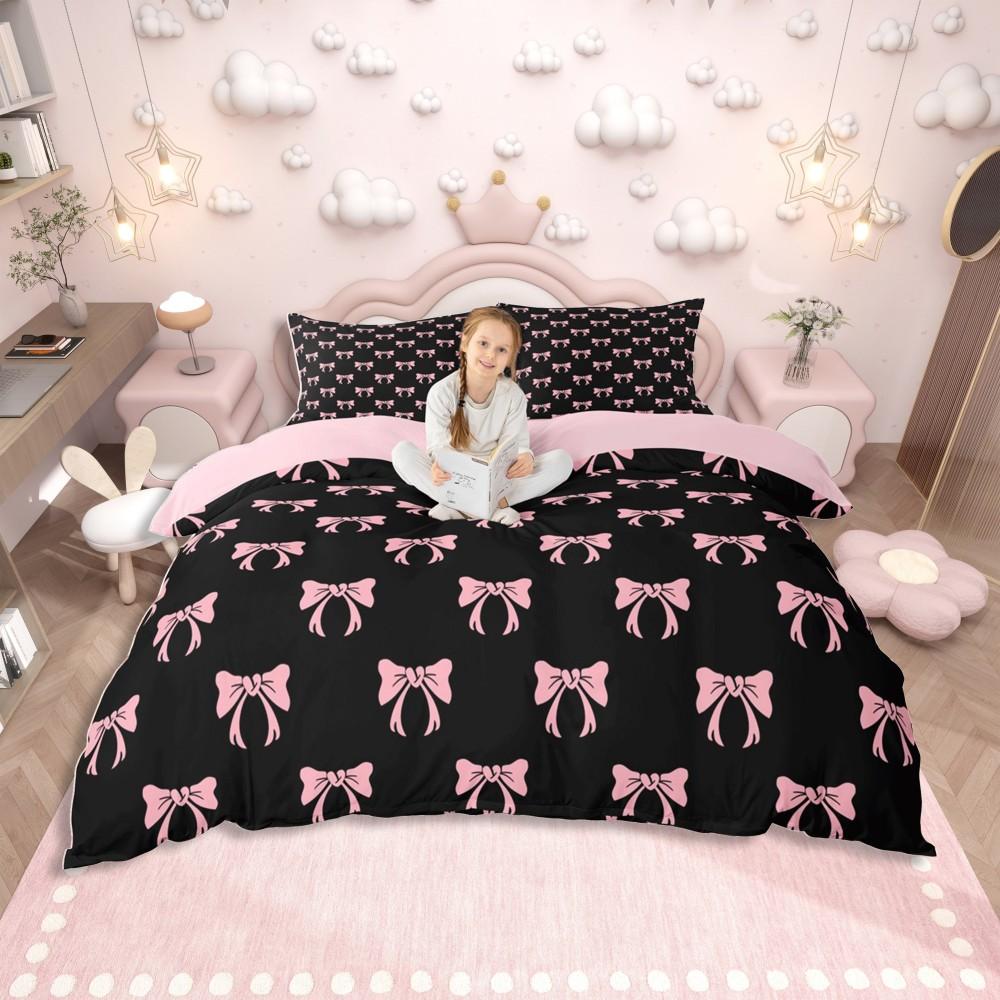 Homewish Pink Ribbon Bow Duvet Cover Set for Girls,Kawaii Princess Cartoon Bedding Set,Cute Stars Print Reversible Bed Set