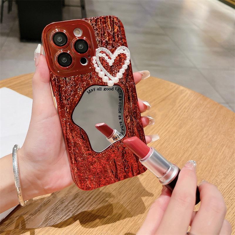 Роскошный чехол для макияжа с зеркальным принтом в виде камня и жемчужным сердечком для iPhone 15 Pro Max 14 13 12 Pro Max 11, универсальный защитный чехол от падения