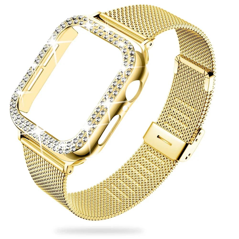 Алмазный корпус + Металлический ремешок Для iWatch Band Ultra 2 Браслет из нержавеющей стали Для Apple Watch 9 8 7 45мм 44мм 40мм 41мм Серии 6 5 4