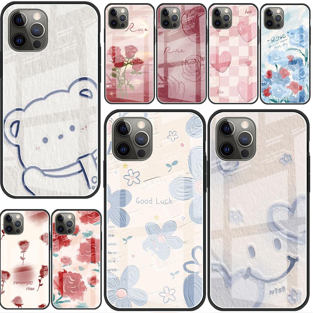 Стеклянный чехол для Apple iPhone 14 13 Pro 11 12 7 8 Plus SE 2022 XR X XS Max 6 6S Закаленная крышка для телефона Цветок Милый