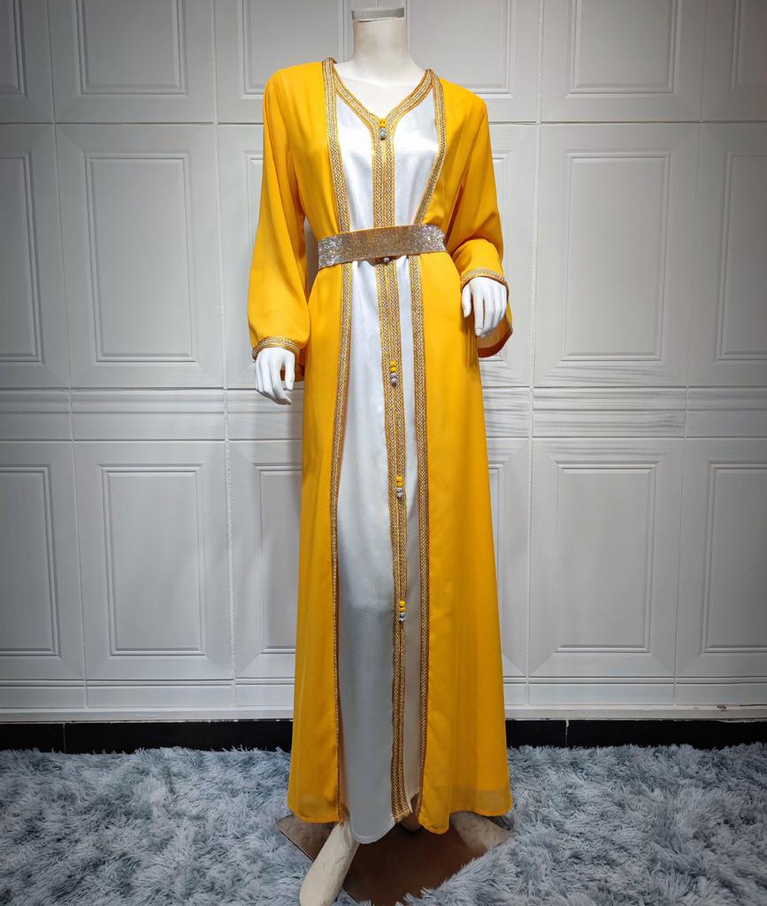 Женский шифон с V-образным вырезом, облегающий комплект из двух предметов, мусульманское платье, халат Dubai, многоцветный