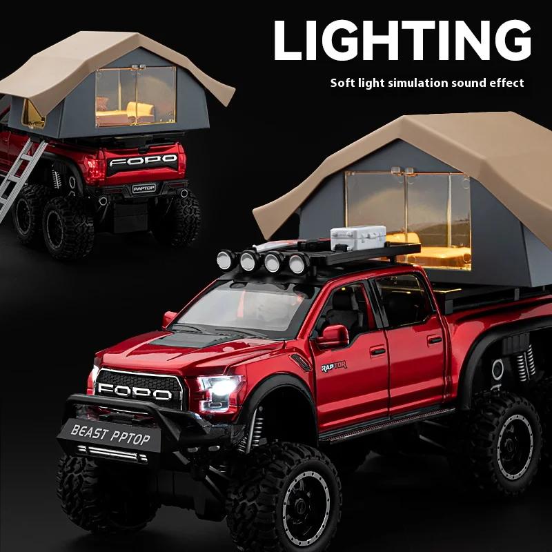 LLC3 1:24 Ford Raptor F150 Camping RV Off Road Pickup Truck Alloy Metal Diecast Model Car Sound & Light Toys Gifts For Kids C336