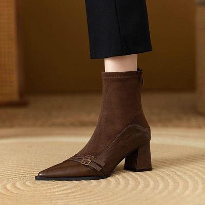 Французские ретро замшевые лоскутные ботильоны: 2025 Узкие туфли на высоком каблуке с острым носком и задней молнией для осени/зимы